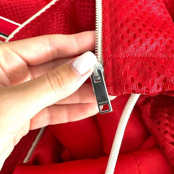Gucci Red Mesh & Satin Magnetismo Stripe Trimmed Zip Front Hooded Jacket - Picture 14 of 14